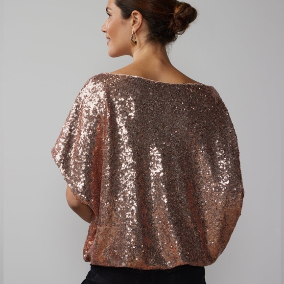 New York & Company Tops - New York & Company Rose Gold Sequined Short Sleeve Balloon Hem Blouse XXL